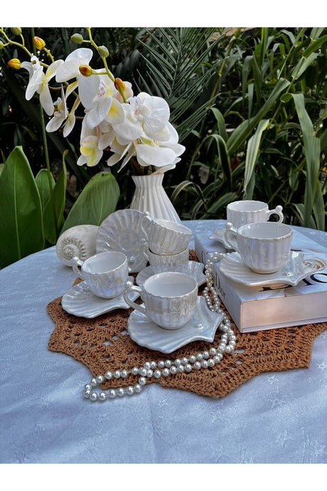 Mamaliza Premium Pearlized Oyster Ceramic Turkish Coffee Cup Set - 6 - Piece - TryAladdin