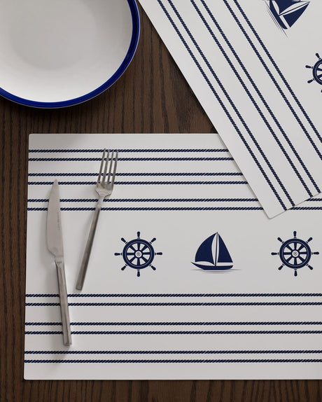 Marine Theme 4 - Piece Placemat Set - White & Navy Blue - TryAladdin