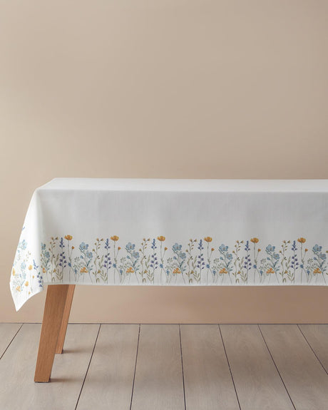 Durable Polyester Tablecloth - Meadow Pattern - White Blue