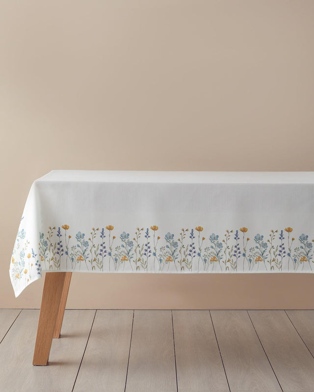 Durable Polyester Tablecloth - Meadow Pattern - White Blue