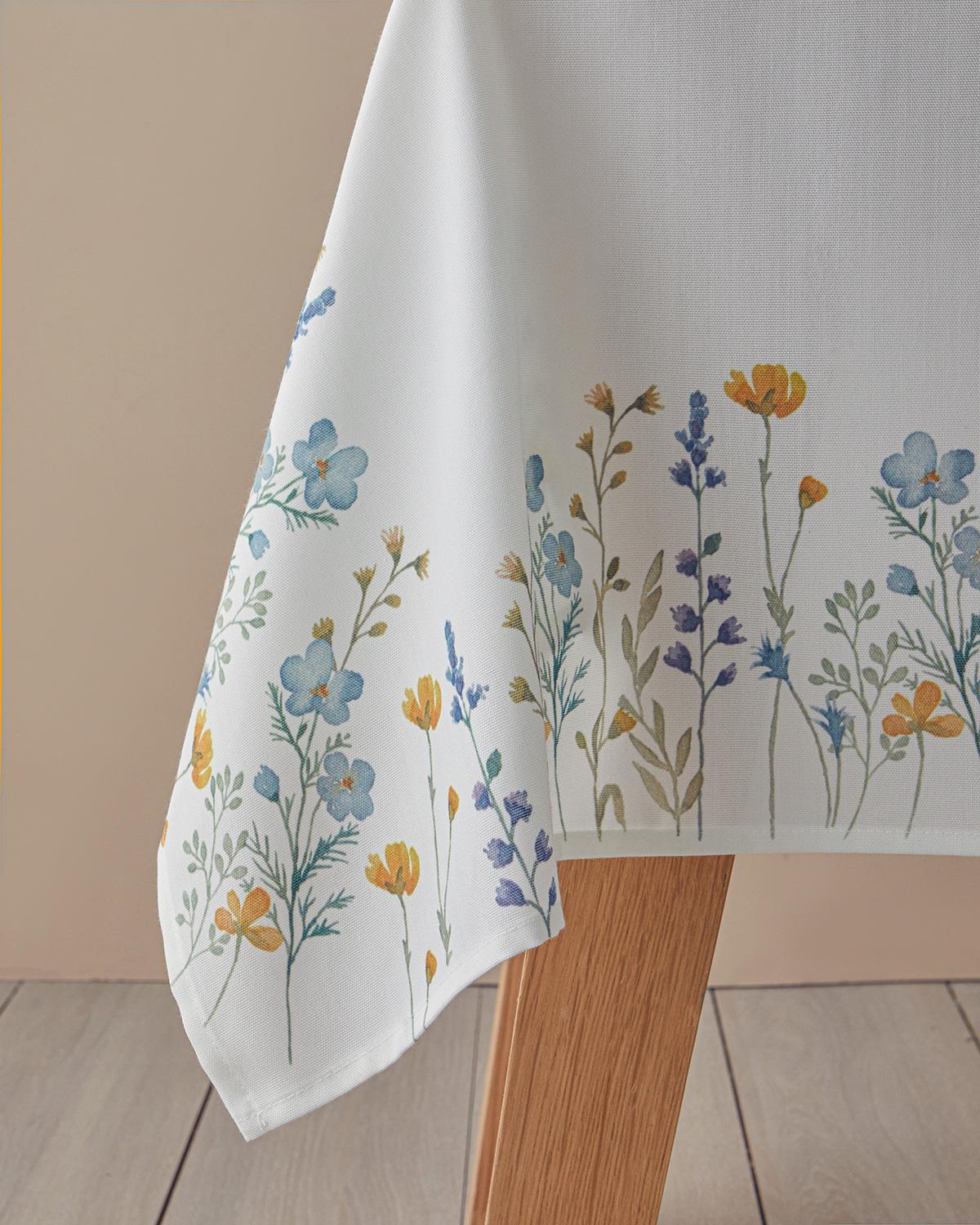 Durable Polyester Tablecloth - Meadow Pattern - White Blue