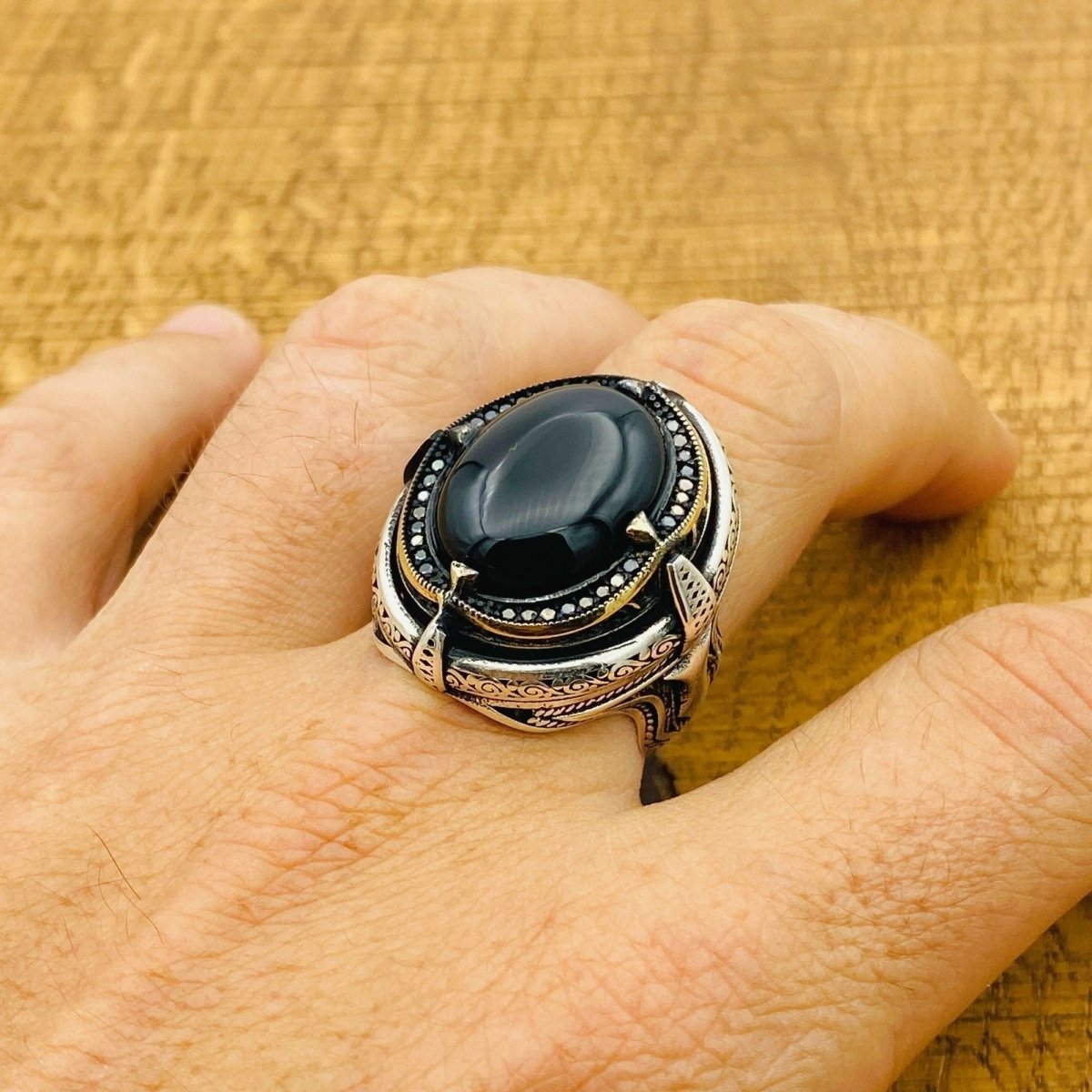 Men Black Onyx Silver Ring