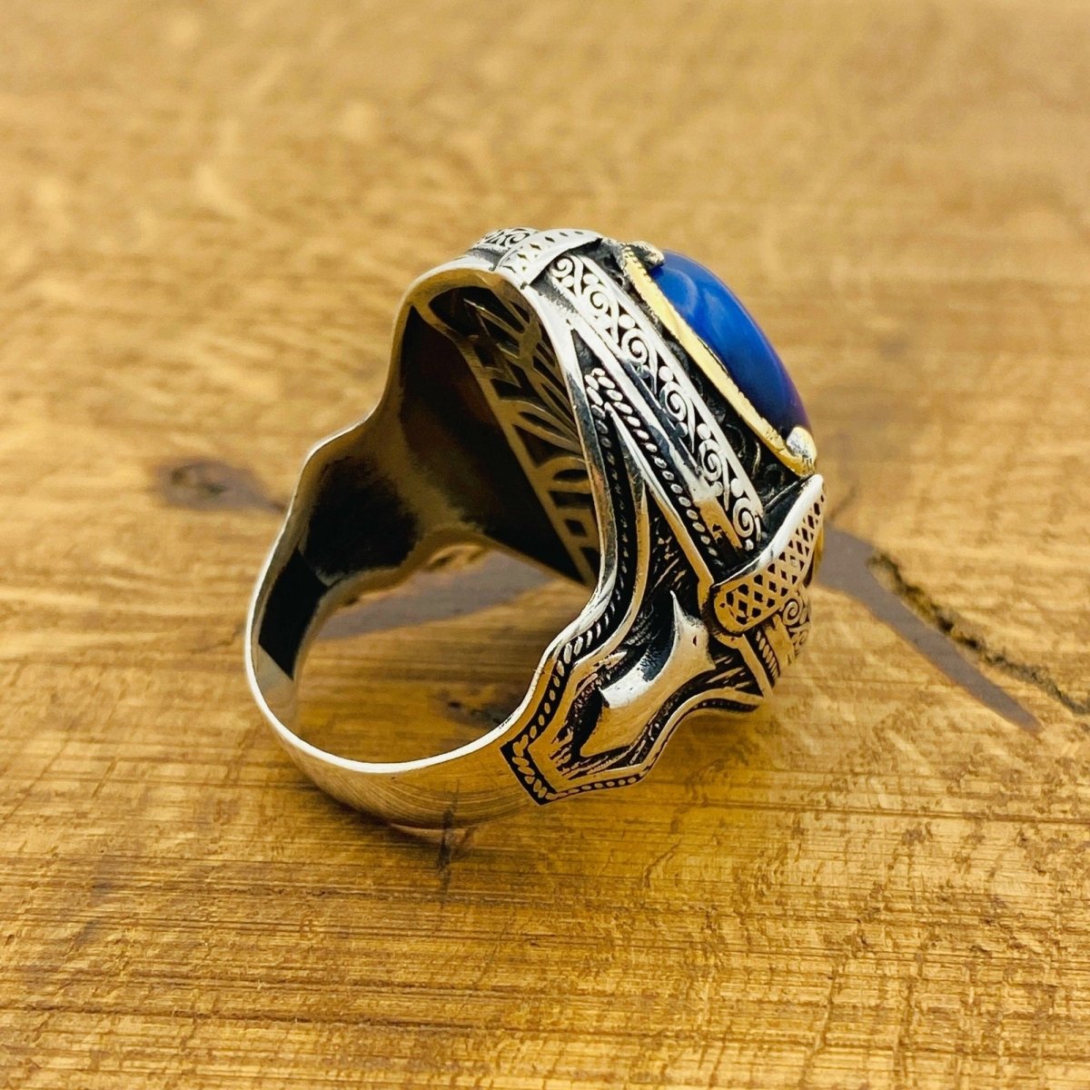 Men Blue Lapis Lazuli Silver Ring