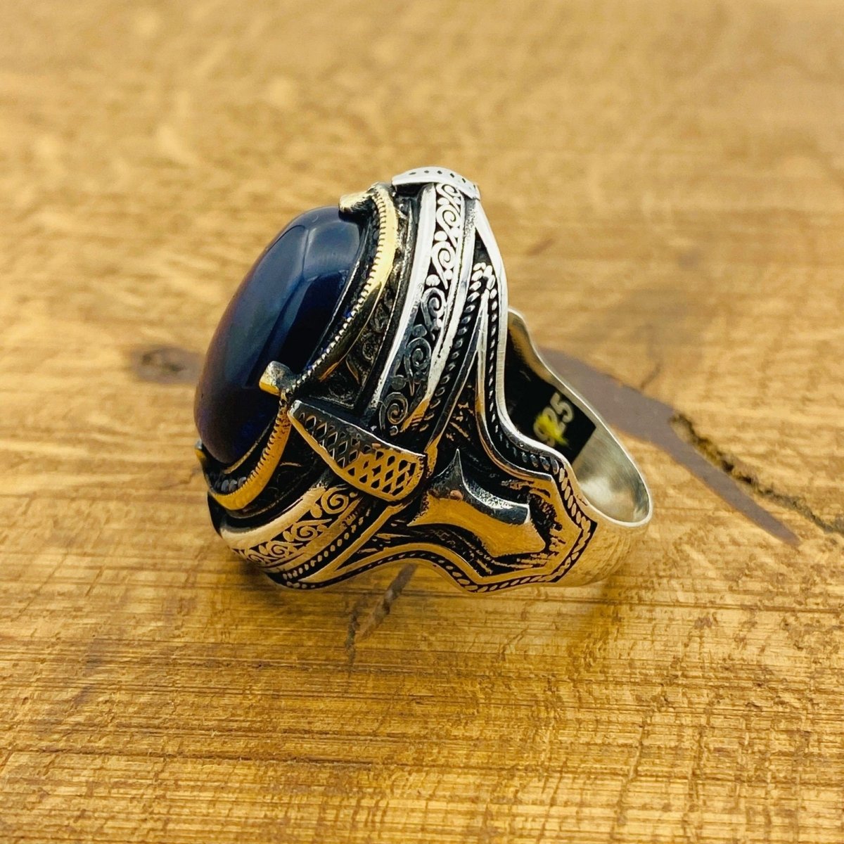 Men Blue Lapis Lazuli Silver Ring