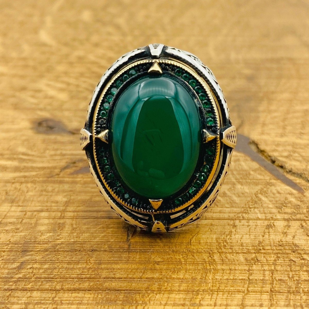 Men Natural Green Gemstone Silver Ring