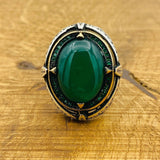 Men Natural Green Gemstone Silver Ring