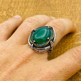 Men Natural Green Gemstone Silver Ring