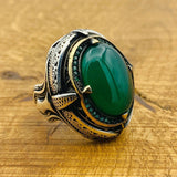 Men Natural Green Gemstone Silver Ring