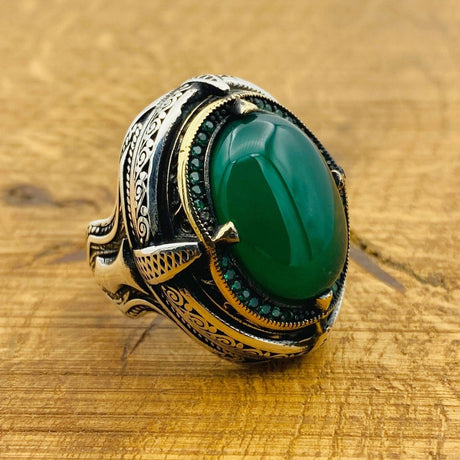 Men Natural Green Gemstone Silver Ring