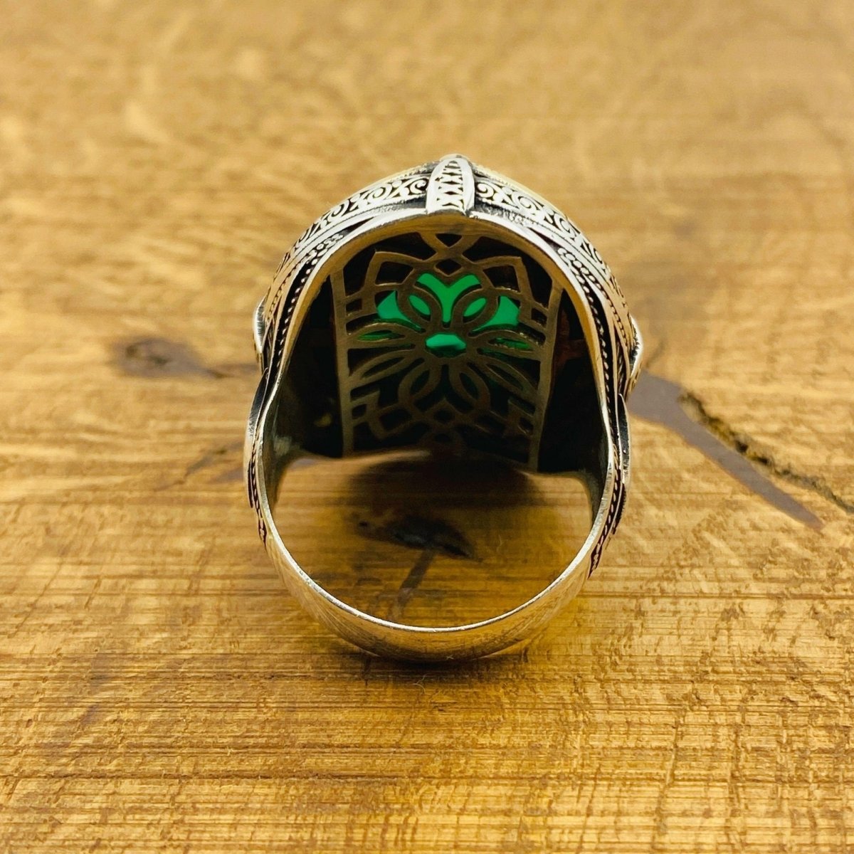 Men Natural Green Gemstone Silver Ring