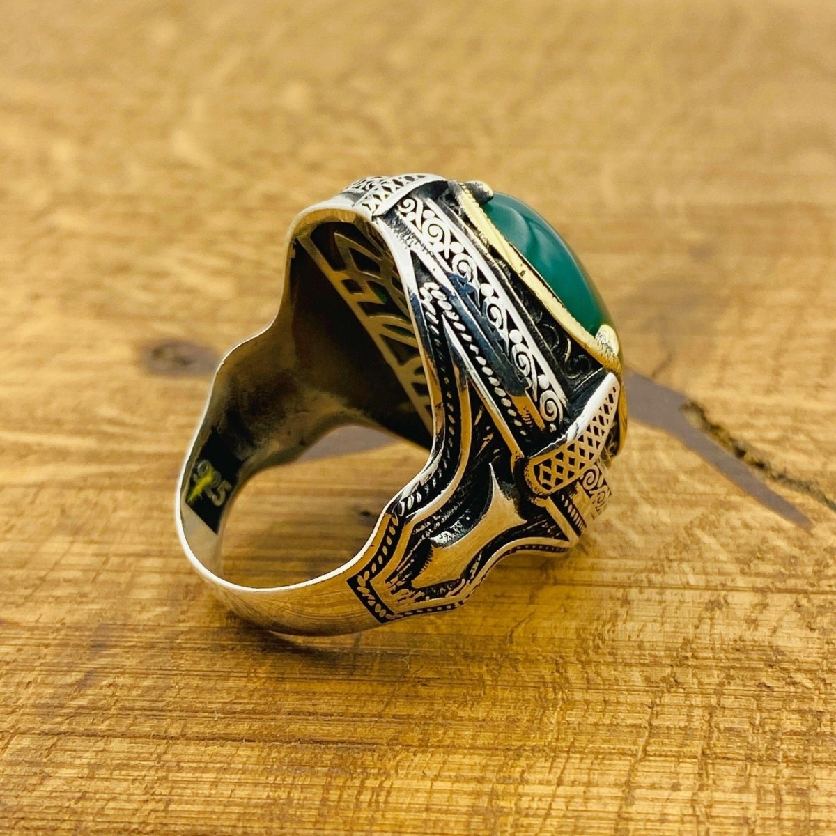 Men Natural Green Gemstone Silver Ring