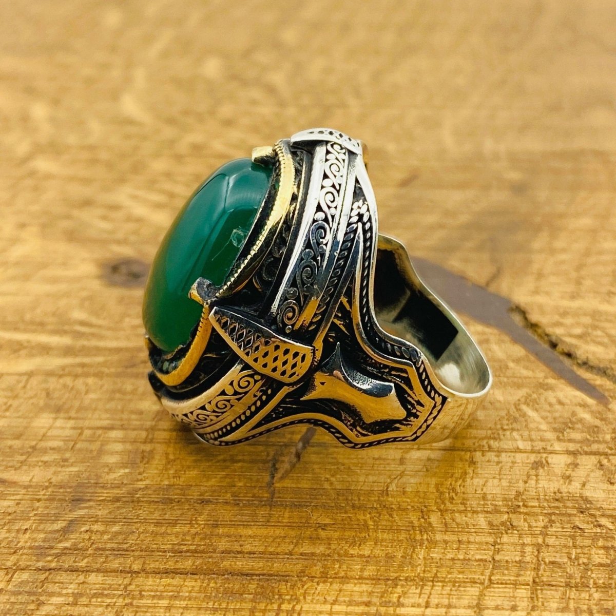 Men Natural Green Gemstone Silver Ring