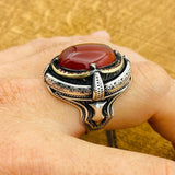 Men Red Aqeeq Silver Ring