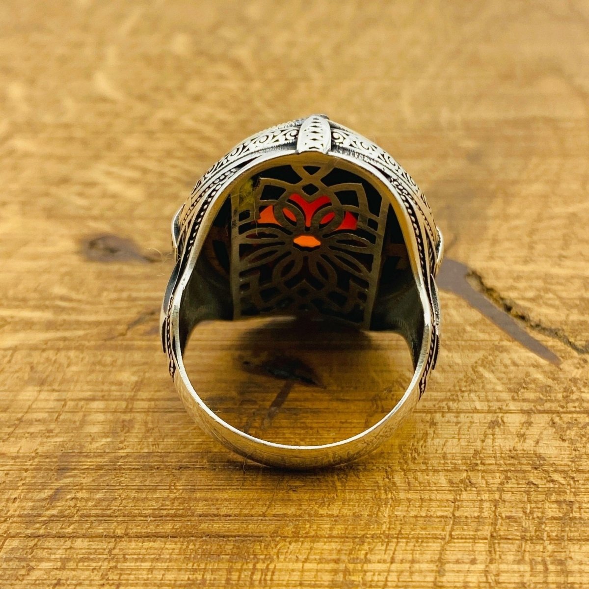 Men Red Aqeeq Silver Ring