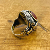 Men Red Aqeeq Silver Ring