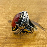 Men Red Aqeeq Silver Ring