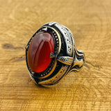 Men Red Aqeeq Silver Ring