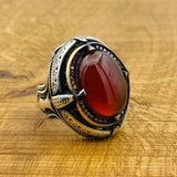 Men Red Aqeeq Silver Ring