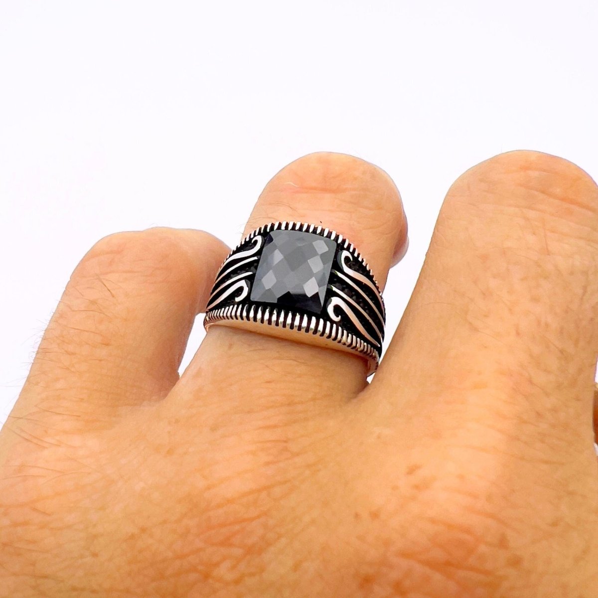 Men's 925 Sterling Silver Square Black Zircon Statement Ring - Handmade Turkish Jewelry - TryAladdin