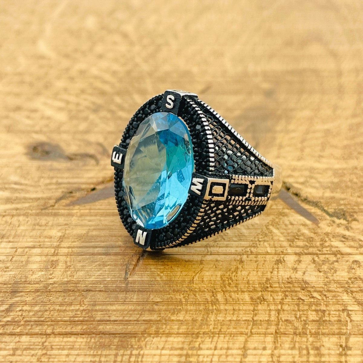 Men's Aquamarine Compass Ring