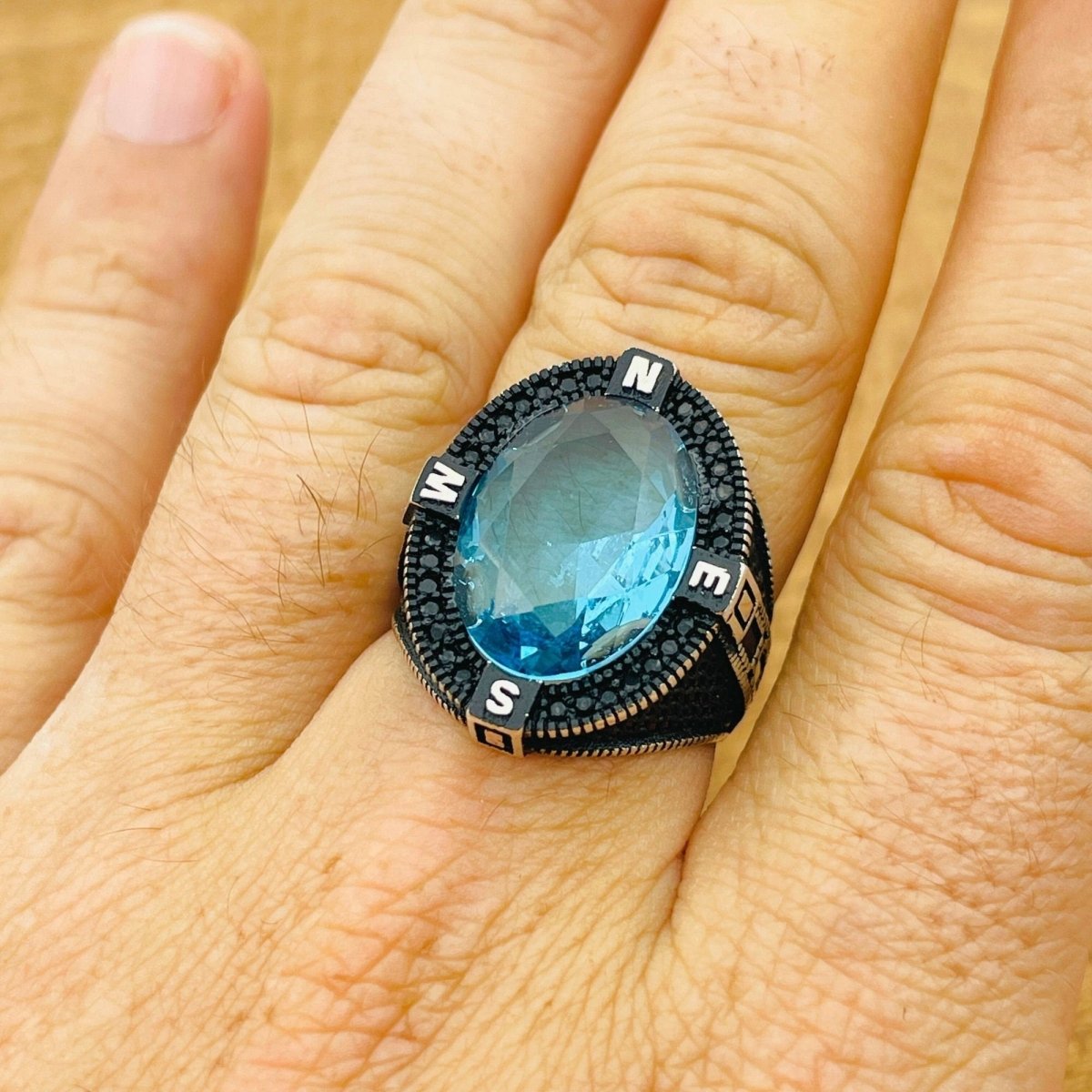 Men's Aquamarine Compass Ring