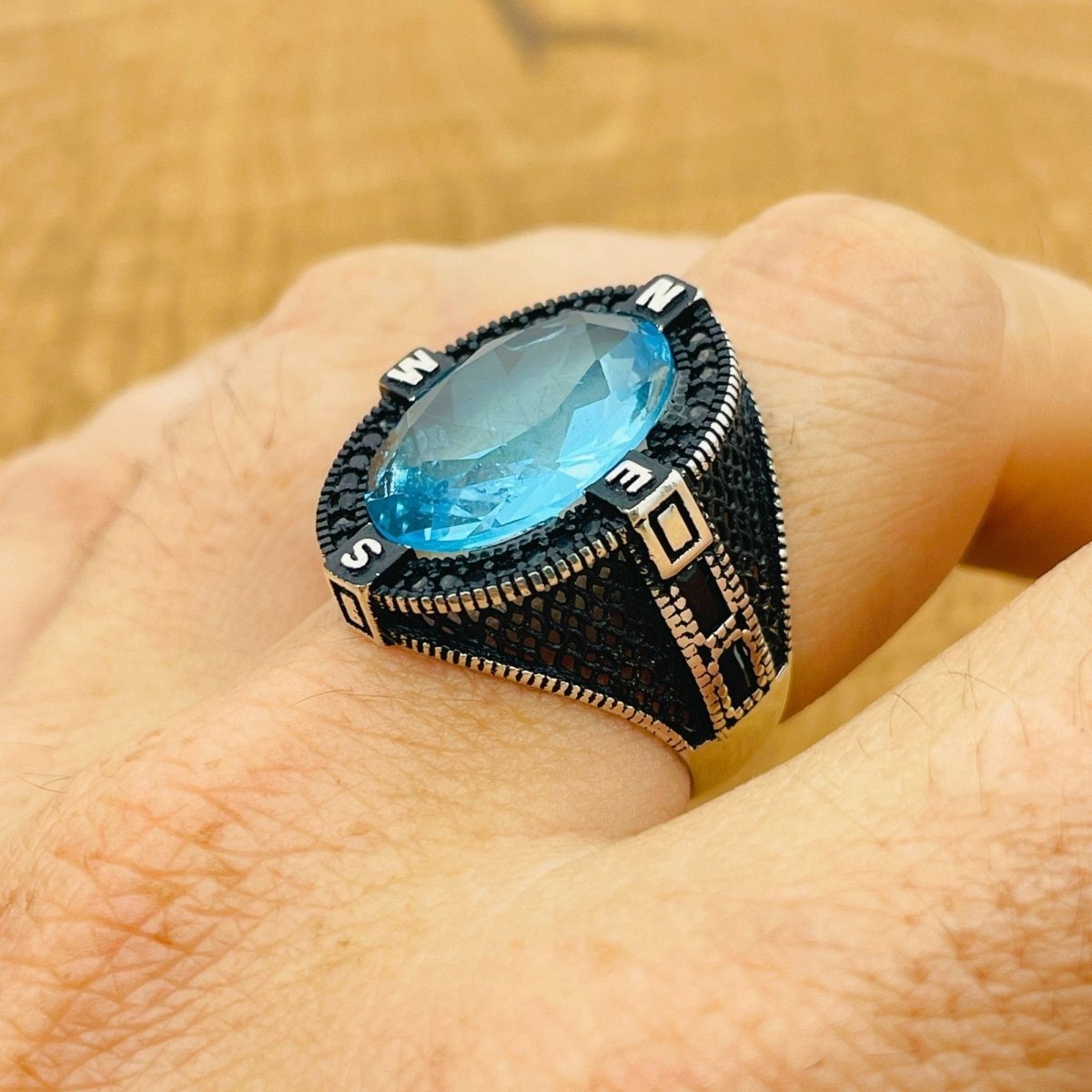 Men's Aquamarine Compass Ring