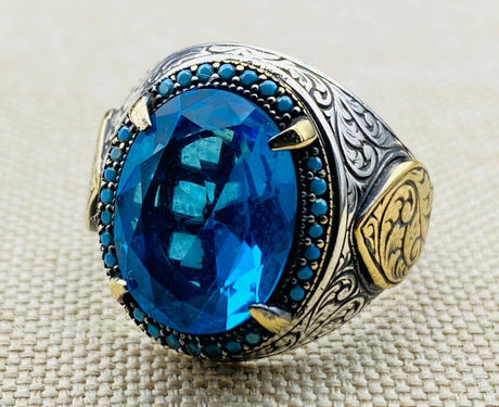 Men's Aquamarine Stone Blue 925 Sterling Silver Ring