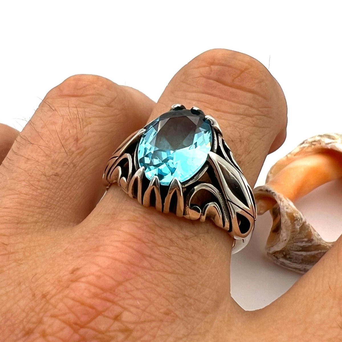 Men's Aquamarine Stone Blue 925 Sterling Silver Ring