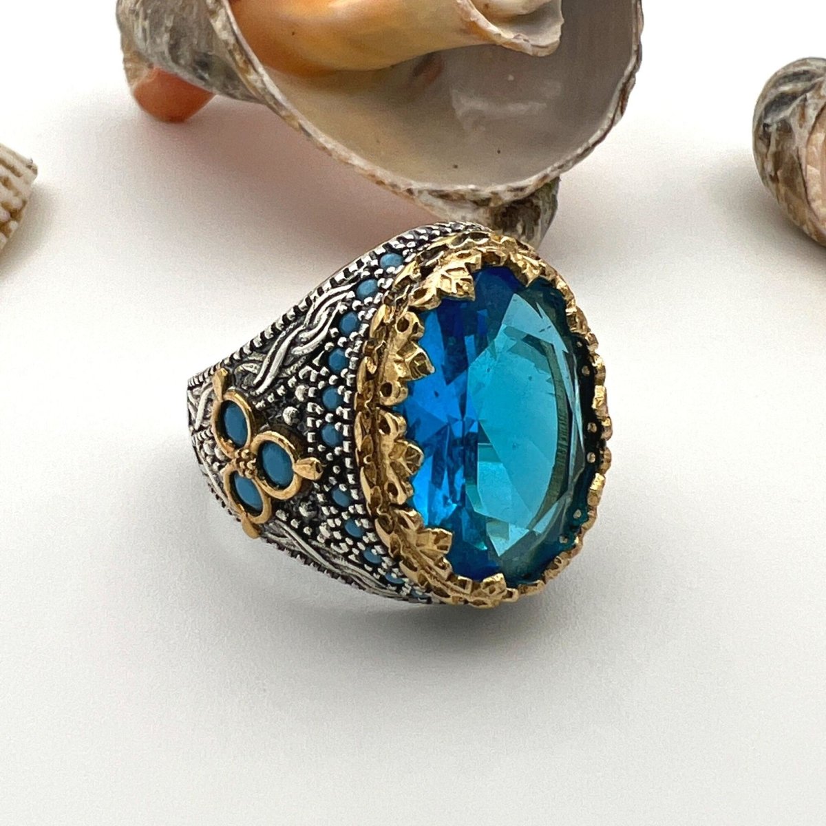 Men's Aquamarine Stone Blue Oval Ring