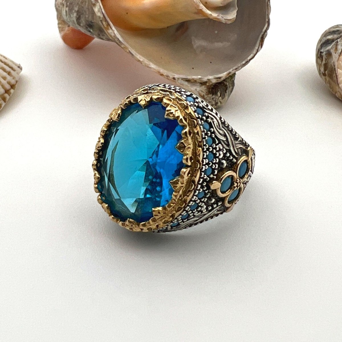 Men's Aquamarine Stone Blue Oval Ring