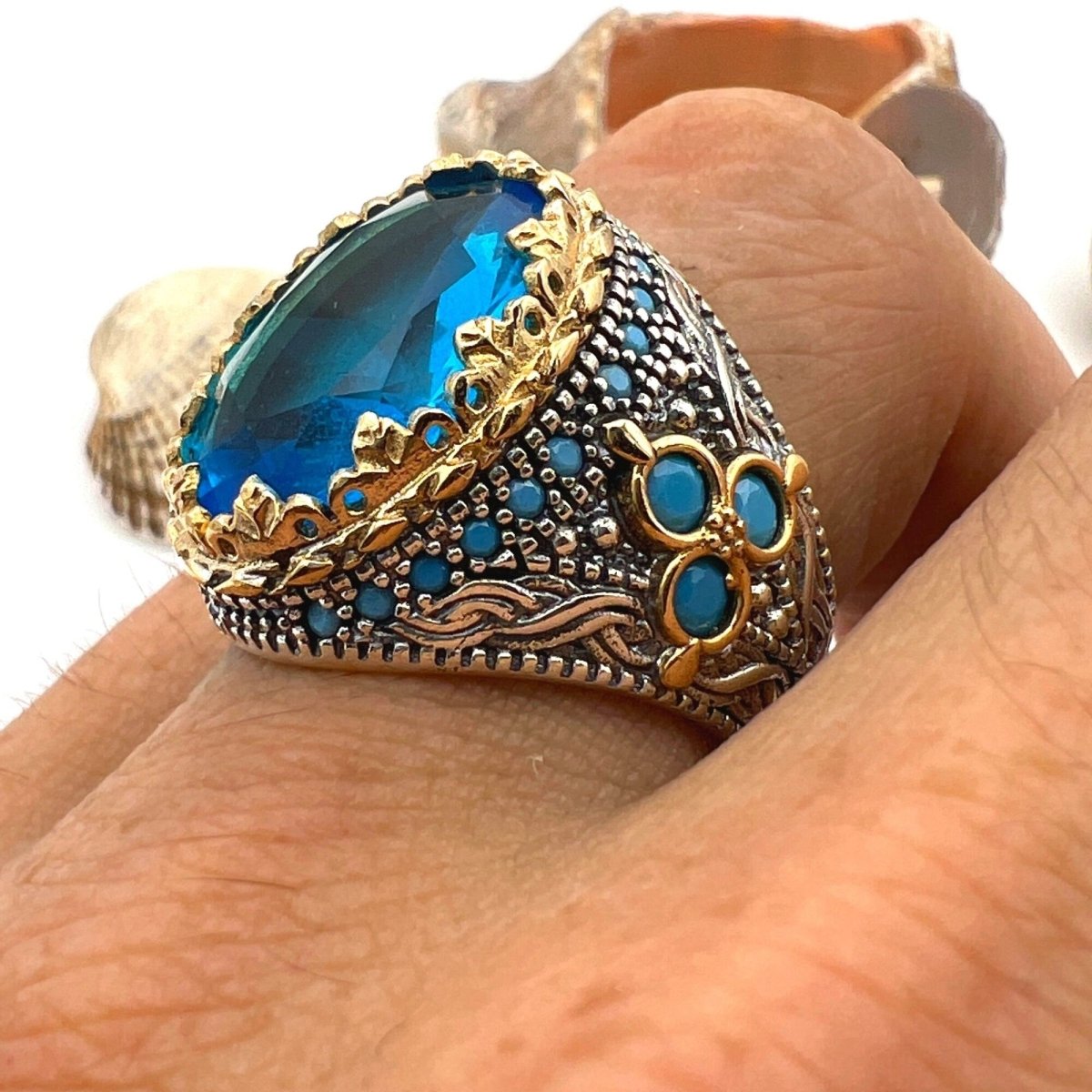 Men's Aquamarine Stone Blue Oval Ring