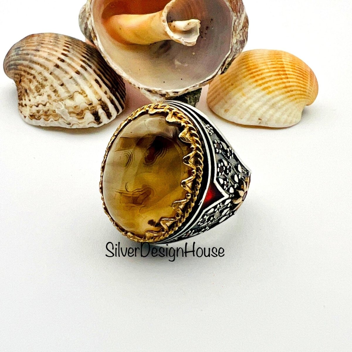 Men's Authentic Yemeni Aqeeq Agate Ring | Handcrafted 925 Sterling Silver Ottoman Style Jewelry Gift - TryAladdin