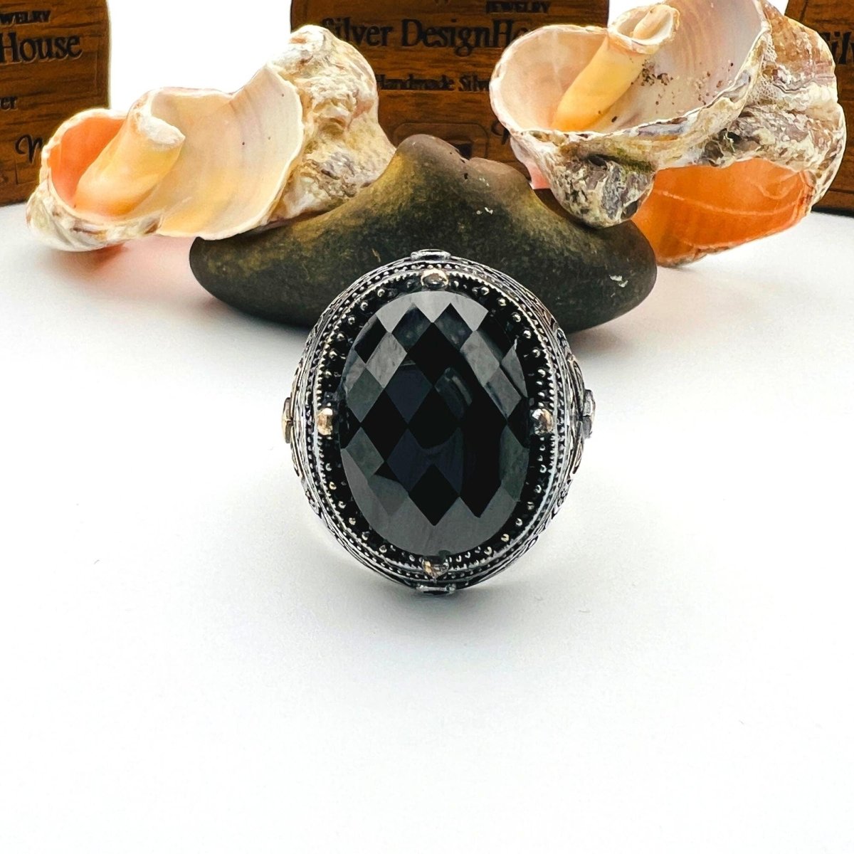 Men's Black Onyx Oval Stone Silver Ring