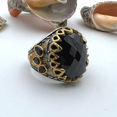 Men's Black Onyx Oval Stone Silver Ring