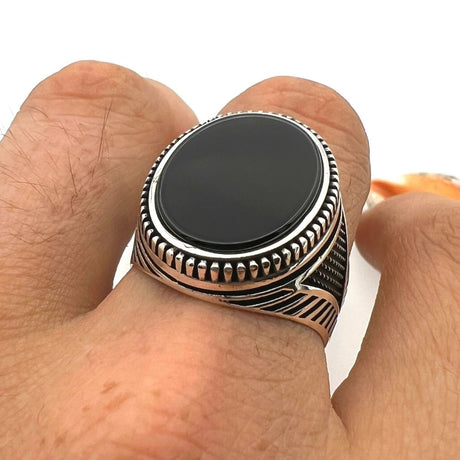 Men's Black Onyx Oval Stone Silver Ring