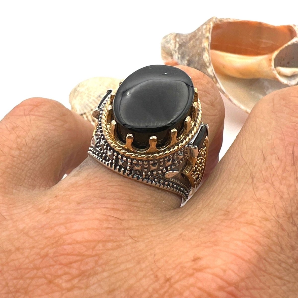 Men's Black Onyx Oval Stone Silver Ring