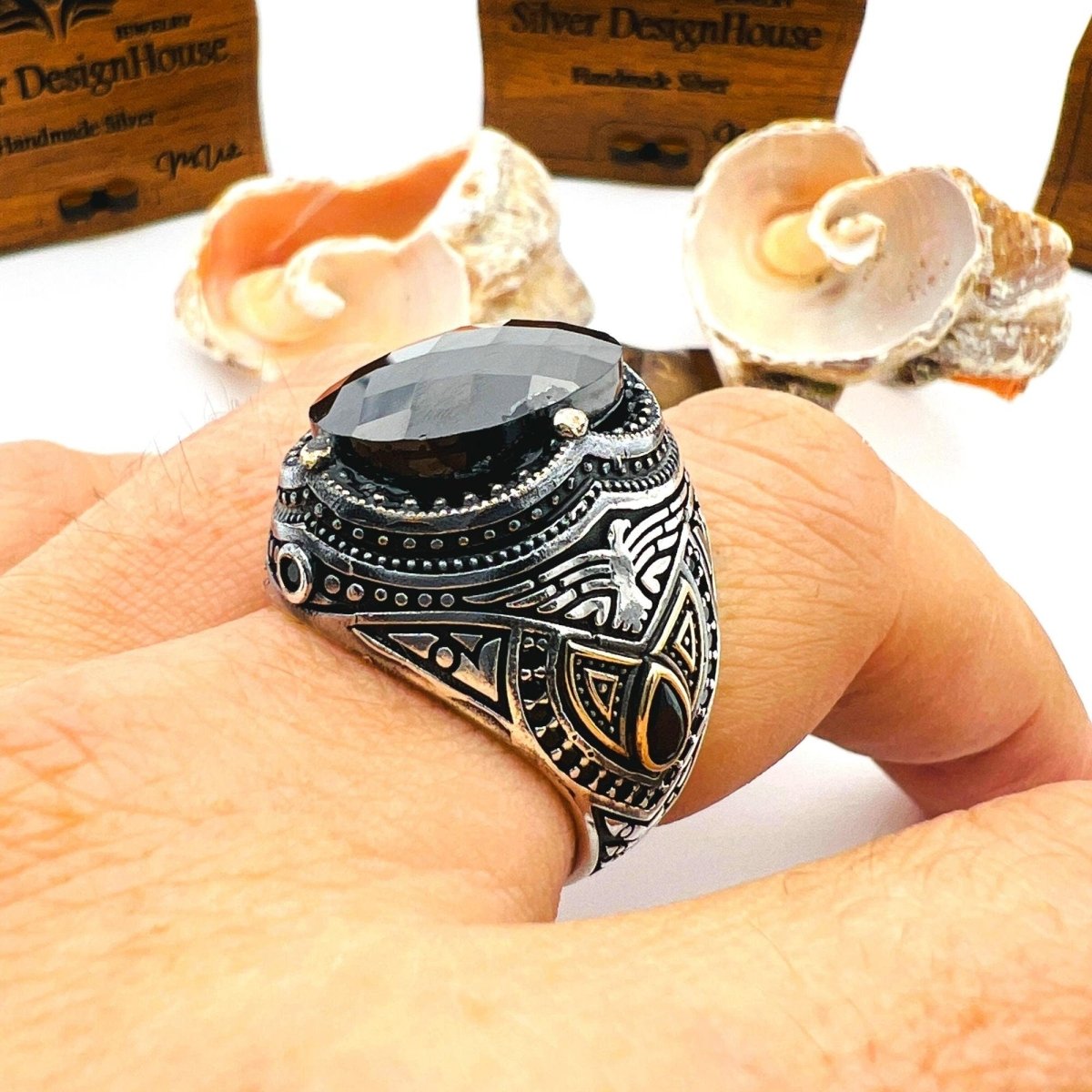 Men's Black Onyx Oval Stone Silver Ring