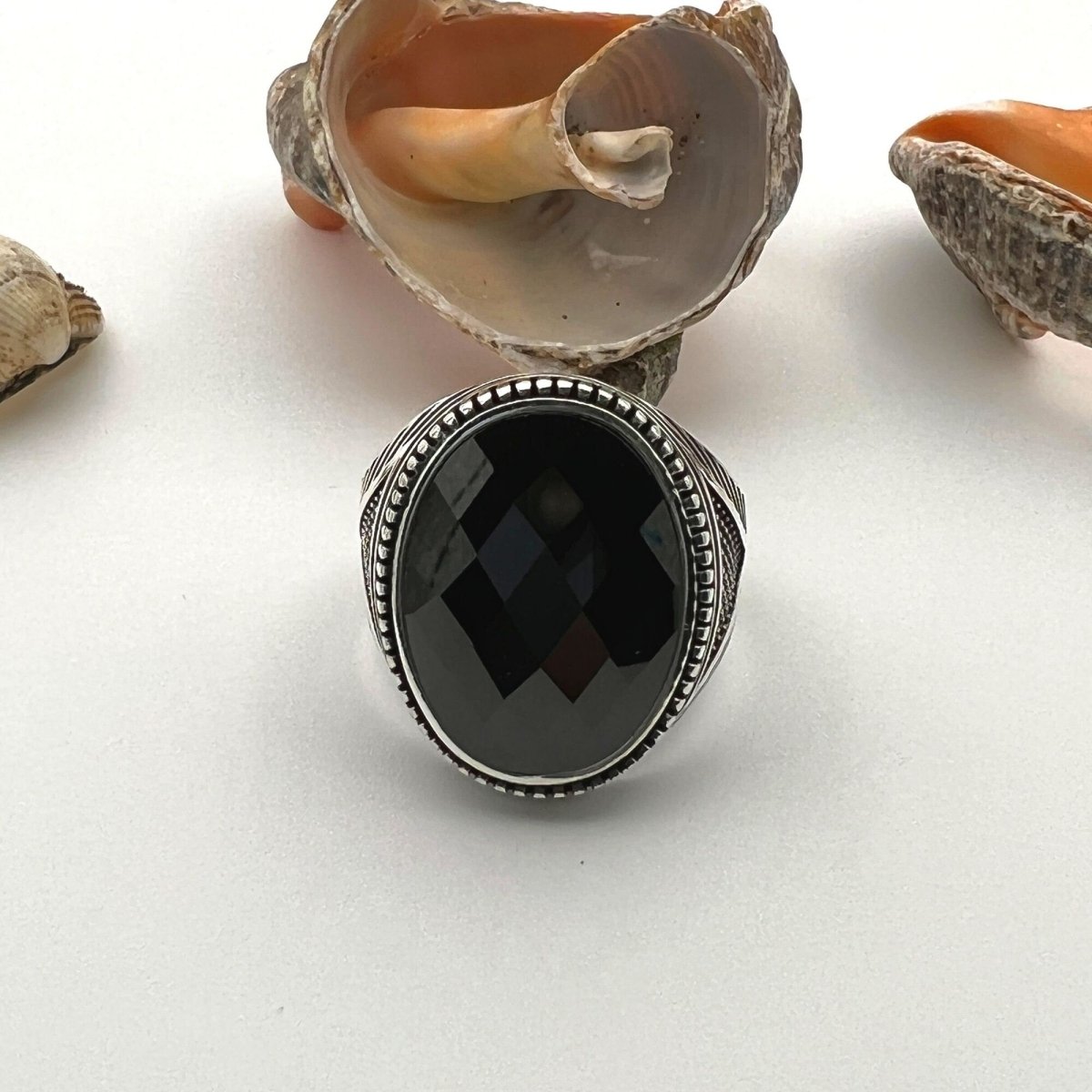 Men's Black Onyx Oval Stone Silver Ring