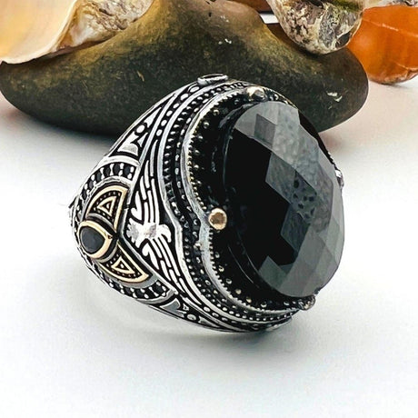 Men's Black Onyx Oval Stone Silver Ring - TryAladdin