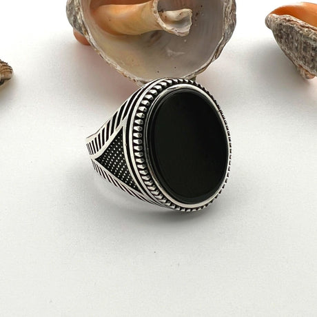 Men's Black Onyx Oval Stone Silver Ring