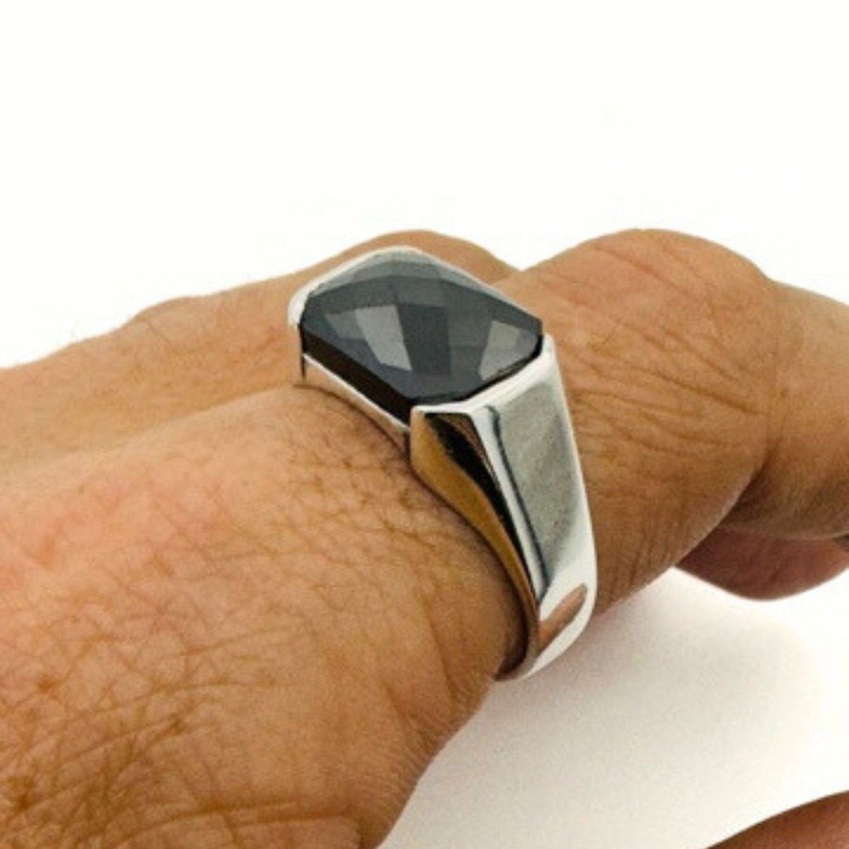 Men's Black Onyx Rectangle Silver Ring