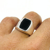 Men's Black Onyx Silver Rectangle Stone Ring