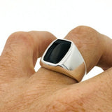 Men's Black Onyx Silver Rectangle Stone Ring