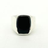 Men's Black Onyx Silver Rectangle Stone Ring