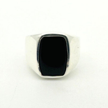 Men's Black Onyx Silver Rectangle Stone Ring