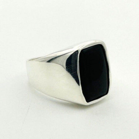 Men's Black Onyx Silver Rectangle Stone Ring