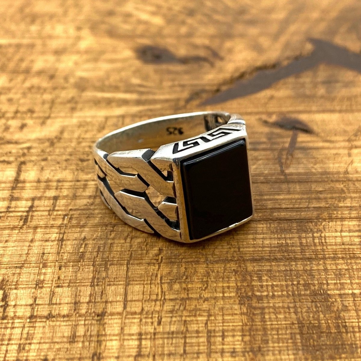 Men's Black Onyx Square Stone Silver Ring