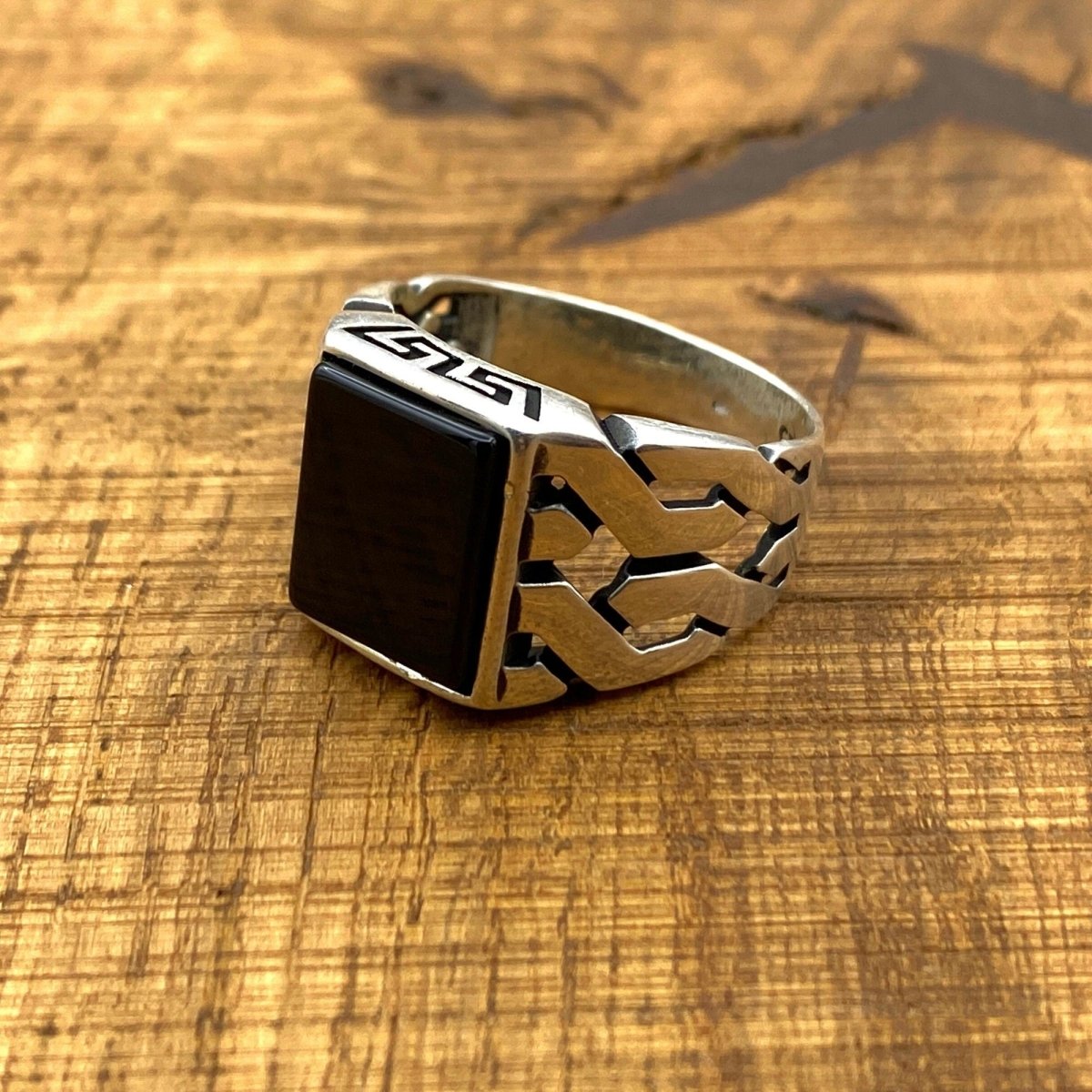 Men's Black Onyx Square Stone Silver Ring