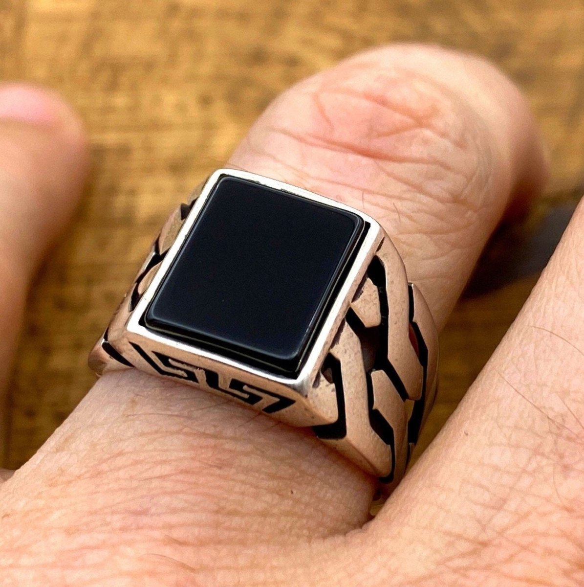 Men's Black Onyx Square Stone Silver Ring