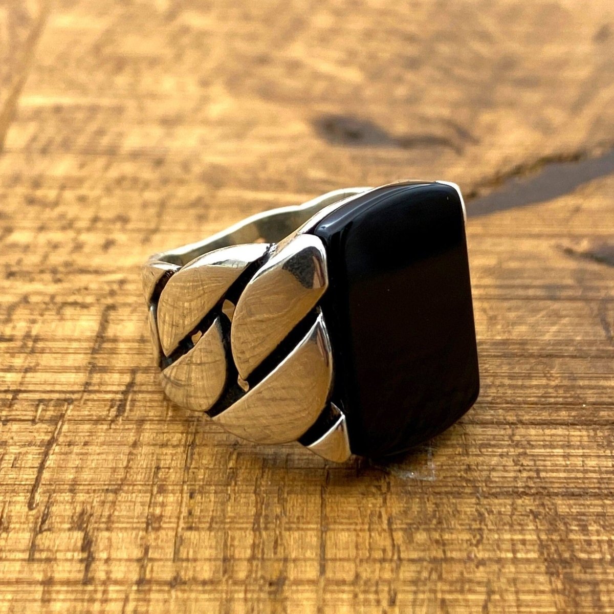 Men's Black Onyx Square Stone Silver Ring